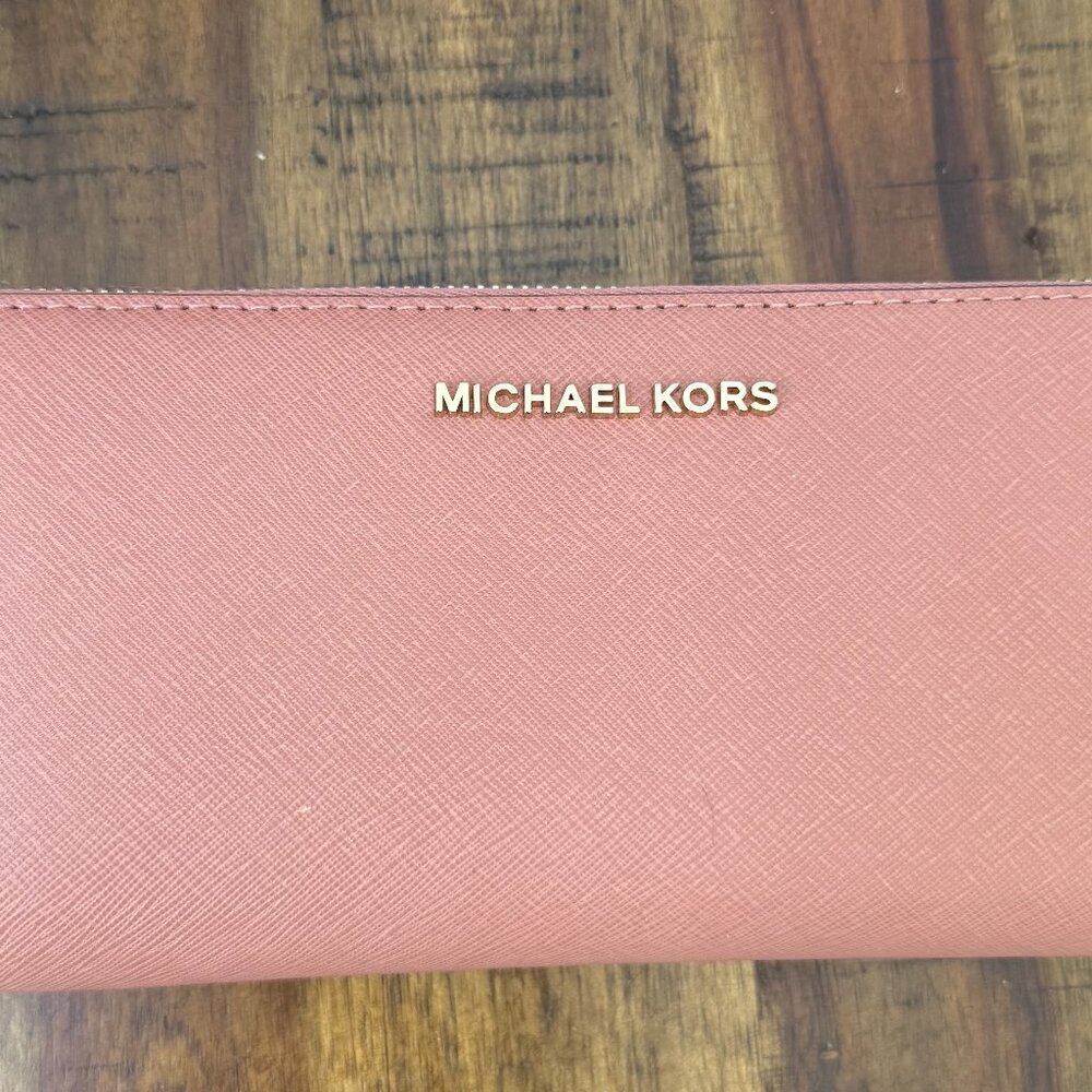 Michael Kors Large Saffiano Leather Continental Zip Around wallet.  Antique Rose
